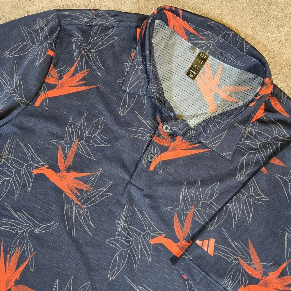 Adidas Men's Golf Polo Navy Blue All Over Floral Print Shirt Mens XL Polo